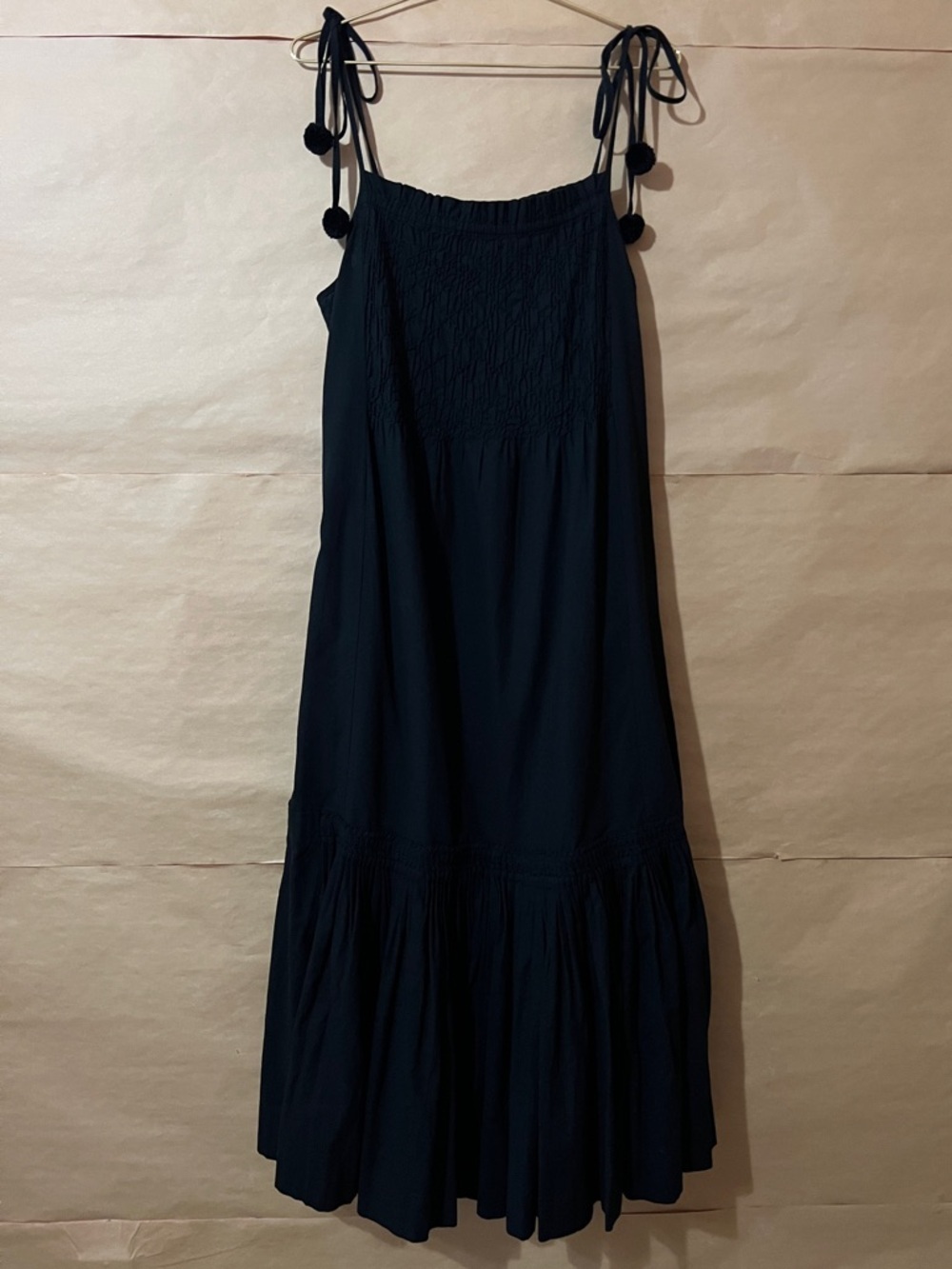 Sea New York | Willa Smocked Midi Dress Tie Strap Pom Pom Black Size M